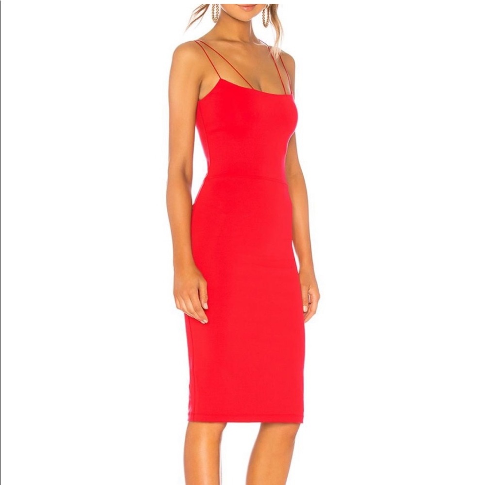 David Lerner Asymmetrical Strap Midi Dress